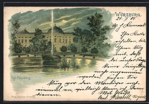 Lithographie Würzburg, Kgl. Residenz mit Teich