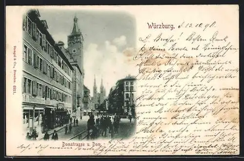 AK Würzburg, Domstrasse mit Geschäften und Dom