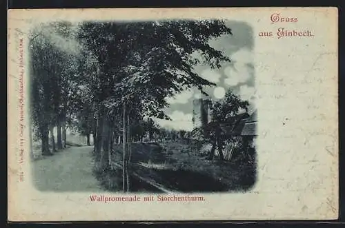 Mondschein-AK Einbeck, Wallpromenade mit Storchenturm