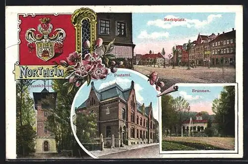 AK Northeim, Postamt, Marktplatz, Aussichtsturm, Wappen