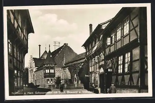 AK Northeim a. Harz, Schaupenstiel mit Städtischer Brauerei und Volksbad