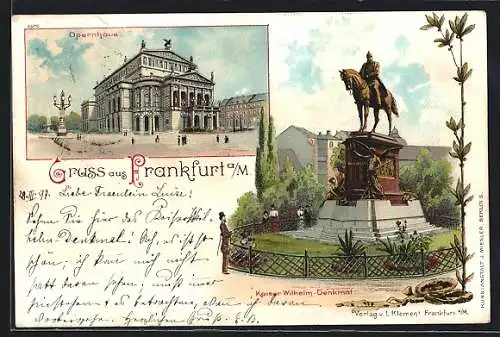 Lithographie Frankfurt /Main, Blick zum Opernhaus und Kaiser-Wilhelm-Denkmal