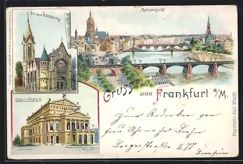 Lithographie Frankfurt /Main, Peterskirche, Opernhaus und Mainansicht