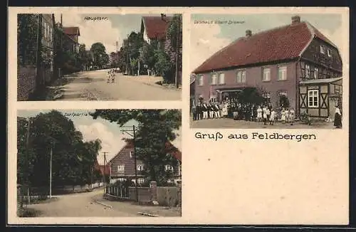 AK Feldbergen, Gasthaus Bremer, Dorfpartie, Hauptstrassenmotiv