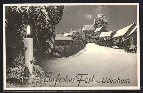 AK Udenhain, Strassenpartie mit Blick zur Kirche im Winter