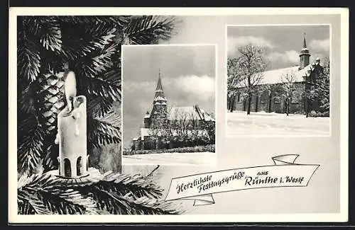 AK Rünthe i. Westf., Kirchen im Schnee, Tannenbaum mit Kerze, Festtagsgruss