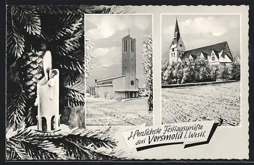 AK Versmold, Kirchen im Winter, Herzlichste Festtagsgrüsse