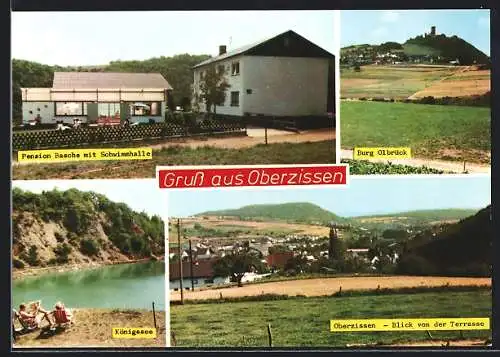 AK Oberzissen, Hotel-Pension Basche mit Schwimmhalle, Königssee, Burg Olbrück