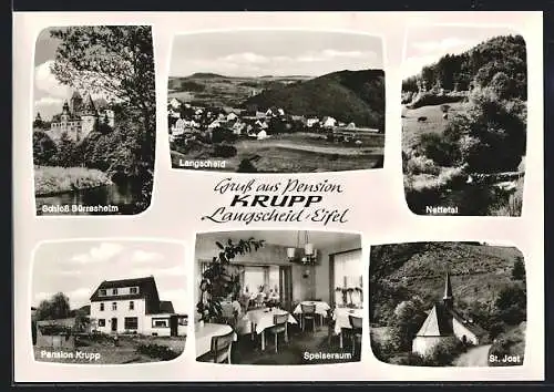 AK Langscheid / Eifel, Pension Krupp, Nettetal, Schloss Bürresheim