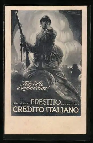 Künstler-AK Mauzan: Prestito Credito Italiano, Italienisch Kriegsanleihe, Soldat in Uniform