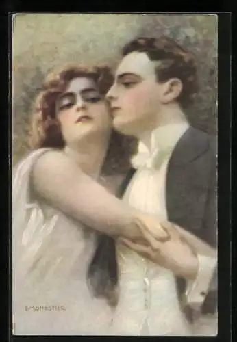 Künstler-AK sign.: C. Monestier: Mann umarmt seine Geliebte