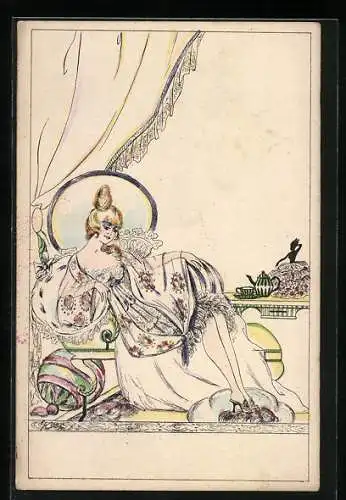 Künstler-AK Erna Maison-Kurt: Dame im Wohnzimmer