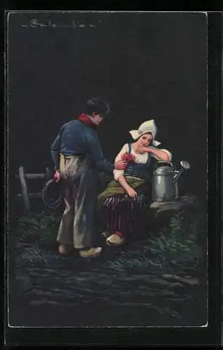 Künstler-AK E. Colombo: Bauer schenkt Bäuerin Blumen