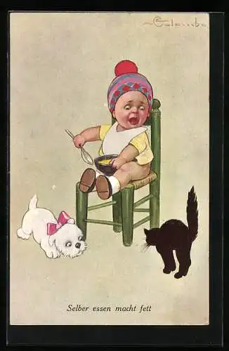 Künstler-AK E. Colombo: Selber essen macht fett, Katze und Hund betteln um Futter