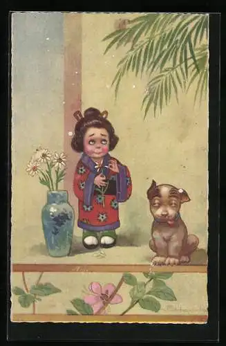 Künstler-AK E.Colombo: Geisha mit Hund Bonzo