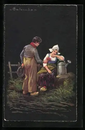 Künstler-AK E. Colombo: Holländisches Paar am Feldrand