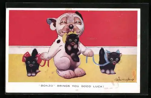 Künstler-AK George Ernest Studdy: Bonzo brings you good luck!, Bonzo mit drei Katzenjungen