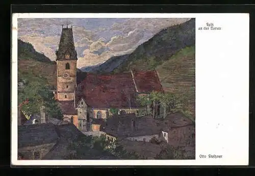 Künstler-AK Otto Stoitzner: Spitz an der Donau, Ortsansicht mit der Kirche