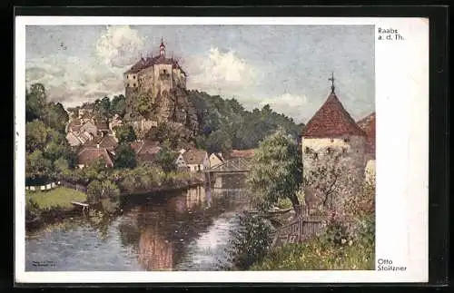 Künstler-AK Raabs a. d. thaya, Ortsansicht mit Fluss und Schloss