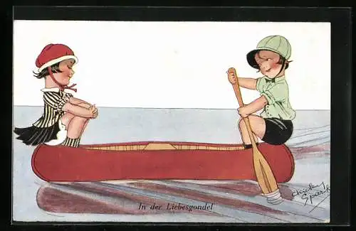 Künstler-AK Chicky Spark: In der Liebesgondel, Zwei Kinder im Kanu