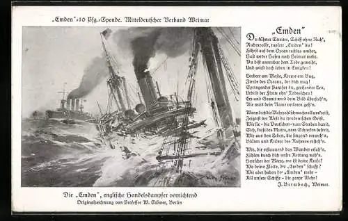 Künstler-AK Willy Stoewer: Die Emden, englische Handelsdampfer vernichtend, Propaganda, 1. Weltkrieg