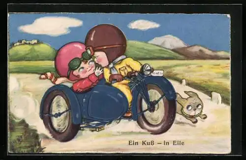 AK Junges Paar mit einem Motorrad mit Beiwagen