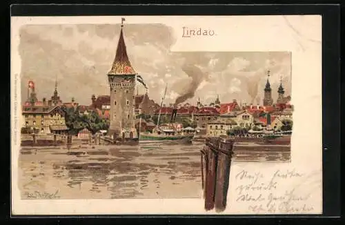 Künstler-Lithographie Otto Strützel: Lindau, Blick zum Hafen, Dampfer