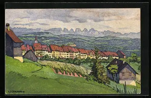 Künstler-AK Ernst E. Schlatter: Wil, Teilansicht mit den Churfirsten