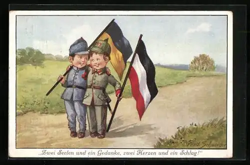 Künstler-AK Rudolf Schneider: Zwei Seelen und ein Gedanke, Soldaten mit deutscher und österreich-ungarischer Fahne