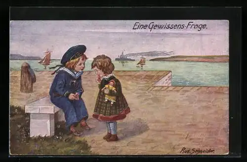 Künstler-AK Rudolf Schneider: Eine Gewissens-Frage, Kleiner Matrose und Mädchen am Hafen