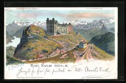 Künstler-AK C. Steinmann Nr. 2070: Rigi-Kulm, Hotels auf dem Rigi, Bergbahn, Bergpanorama