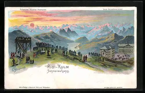 Künstler-AK Rigi-Kulm, Sonnenaufgang, Blick von einer Alm auf den Vierwaldstättersee, Wanderer