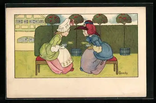 Künstler-AK Millicent Sowerby: zwei junge Frauen in barocken Kleidern sitzen bei Tee zusammen
