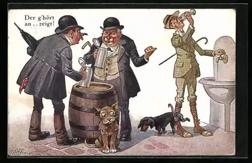 Künstler-AK F.Schlemo: Biertrinker mit Dackel amüsieren sich über einen Wassertrinker