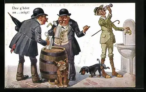 Künstler-AK F.Schlemo: Biertrinker mit Dackel amüsieren sich über einen Wassertrinker