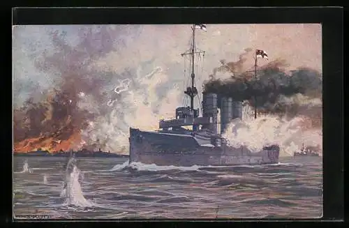 Künstler-AK Hans Rudolf Schulze: Libau, S.M.S. Augsburg beschiesst die Stadt