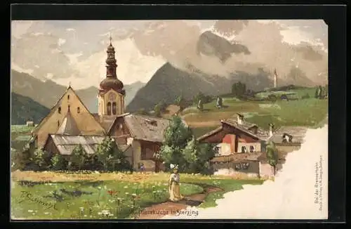 Künstler-Lithographie P. Schmohl: Sterzing, Motiv der Pfarrkirche