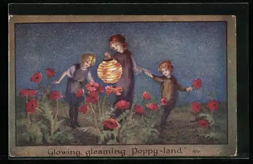 Künstler-AK S. Barham: Glowing, gleaming Poppy-land, Kinder im nächtlichen Mohnfeld