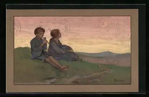 Künstler-AK S. Barham: Knabe mit Flöte in Abenddämmerung