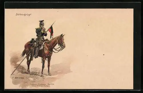 Künstler-AK Carl Becker: Stillvergnügt, Soldat erfreut sich auf seinem Pferd
