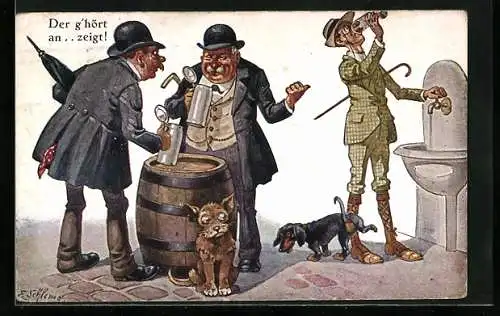 Künstler-AK F.Schlemo: Biertrinker mit Dackel amüsieren sich über einen Wassertrinker