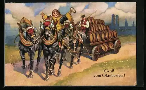 Künstler-AK Ernst Schlemo: München, Oktoberfest, Münchner Kindl & Pferdewagen mit Bierfässern