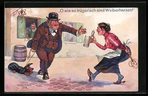 Künstler-AK Ernst Schlemo: O wie so trügerisch sind Weiberherzen, Frau lockt Mann mit Bierkrug
