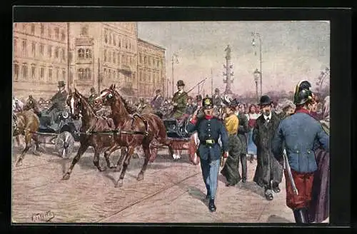 Künstler-AK F.Perlberg: Wien II, Fussgänger auf der Praterstrasse, Kutschen