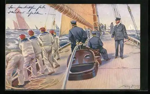 Künstler-AK Willy Stoewer: Matrosen & Offiziere an Deck eines Segelschiffes