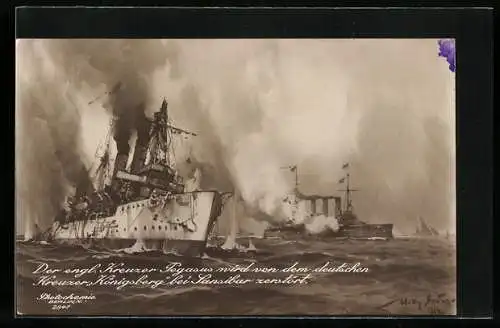 Künstler-AK Willy Stoewer: Engl. Kreuzer Pegasus wird vom dt. Kriegsschiff Königsberg bei Sansibar zerstört