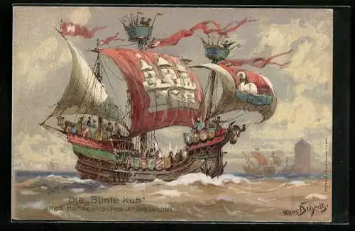 Künstler-AK Hans Bohrdt: Die Bunte Kuh, Altes Hanseatisches Kriegsschiff