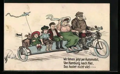 Künstler-AK Willi Scheuermann: Mann fährt seine Familie im Motorrad-Seitenwagen von Hamburg nach Kiel