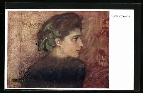 Künstler-AK Teodor Axentowicz: Frau mit Blättern im Haar im Profil