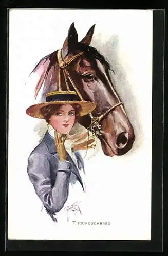 Künstler-AK Court Barber: Thoroughbreds, Reiterin mit ihrem Pferd